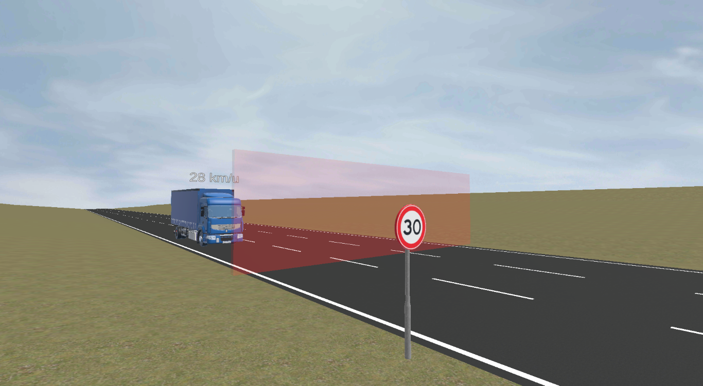 Scene uit de Virtuele Verkeersregelaar waar de gebruiker vanuit het perspectief van een automobilist kijkt naar de voorsorteerstroken en stoplichten